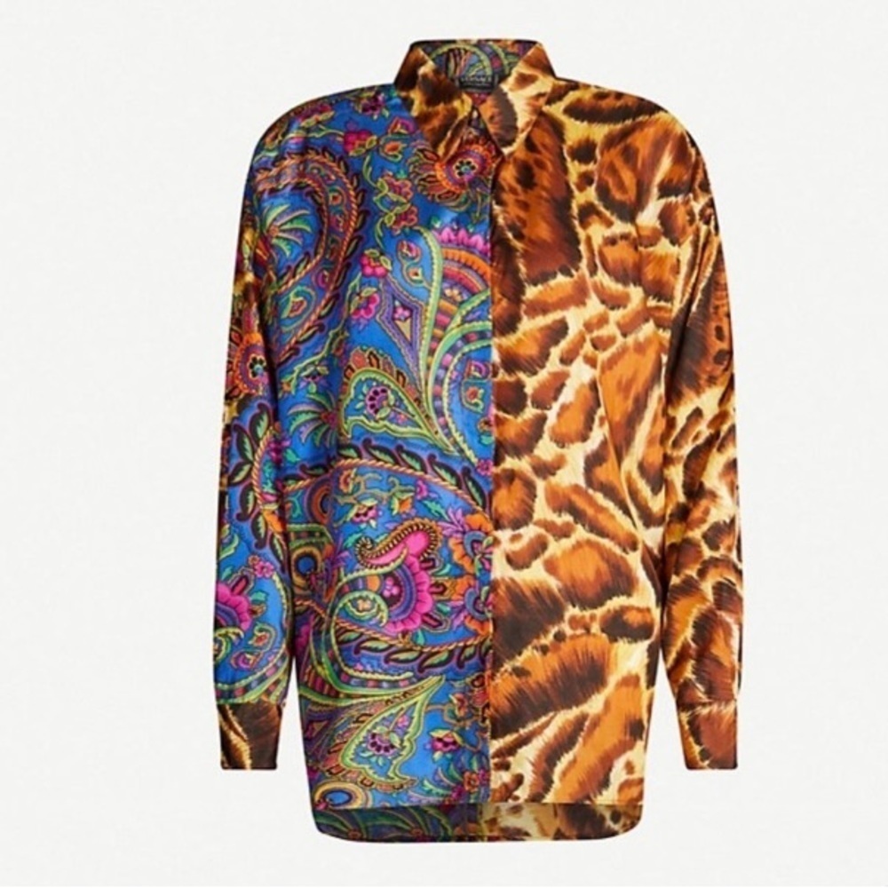 Rare Vintage Versace Shirt Bold Leopard and Paisley Pure Silk Baroque Oversized